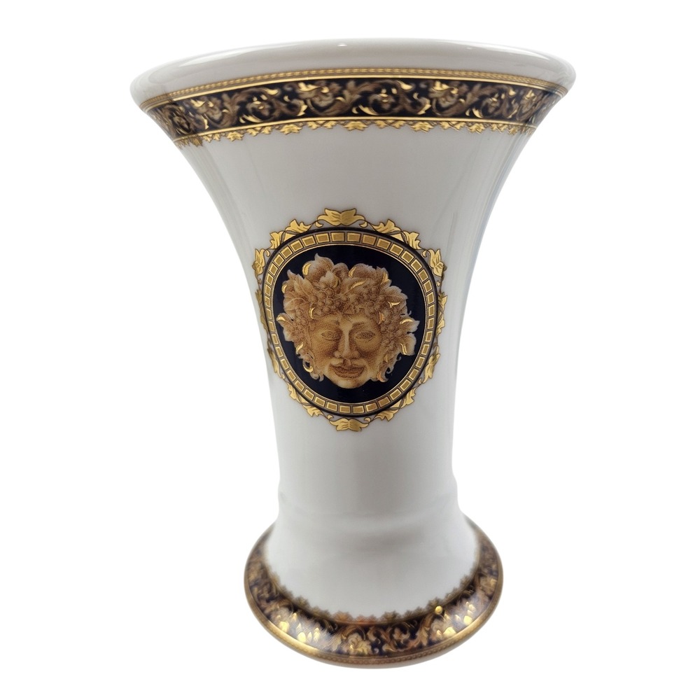 T. Limoges Bacchus Porcelain Trumpet Vase White Gold Navy Blue 7in France